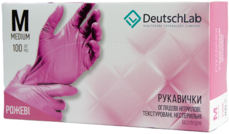 Рукавички оглядові нітрилові текстуровані, нестерильні, без пудри, розмір M, рожеві "DeutschLab"